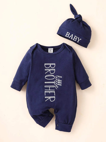 Newborn Baby Letter Graphic Jumpsuit & Hat