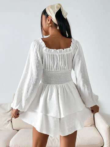 Swiss Dot Lantern Sleeve Shirred Two Layer Hem Chiffon Romper