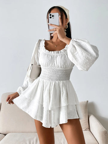 Swiss Dot Lantern Sleeve Shirred Two Layer Hem Chiffon Romper