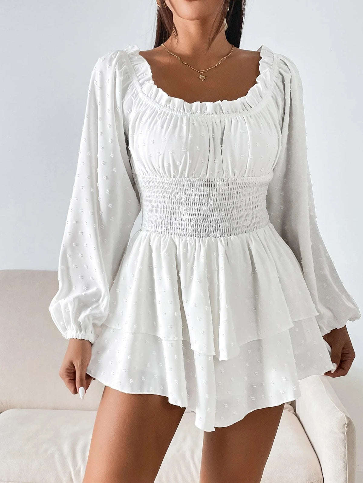Swiss Dot Lantern Sleeve Shirred Two Layer Hem Chiffon Romper