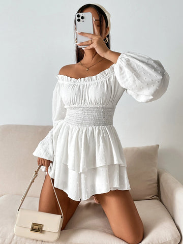 Swiss Dot Lantern Sleeve Shirred Two Layer Hem Chiffon Romper