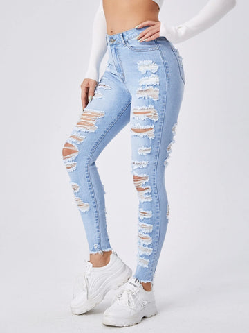 Ladder Distressed Raw Trim Skinny Jeans