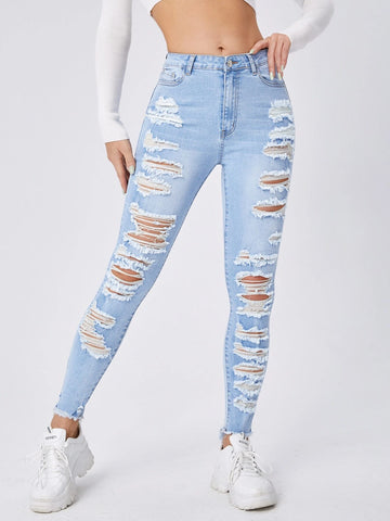 Ladder Distressed Raw Trim Skinny Jeans