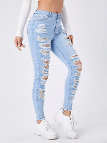 Ladder Distressed Raw Trim Skinny Jeans