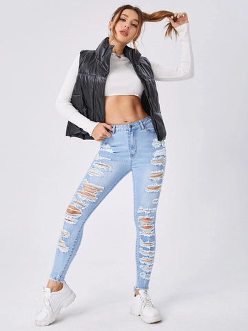 Ladder Distressed Raw Trim Skinny Jeans