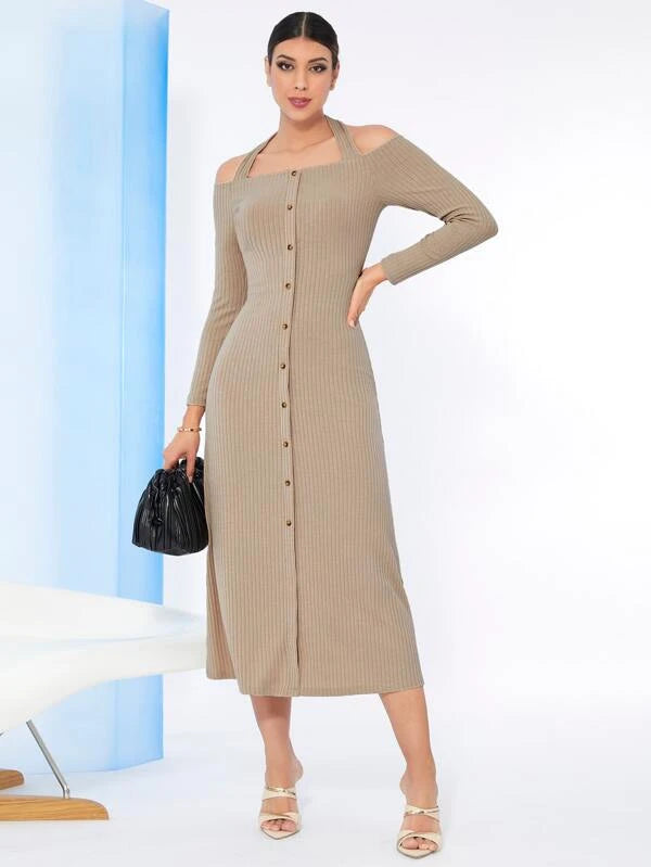 Modely Solid Button Front Ribbed Knit Dress