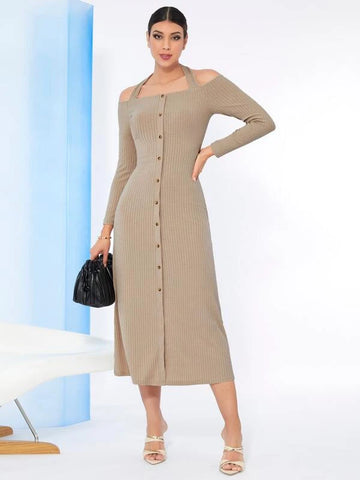 Modely Solid Button Front Ribbed Knit Dress
