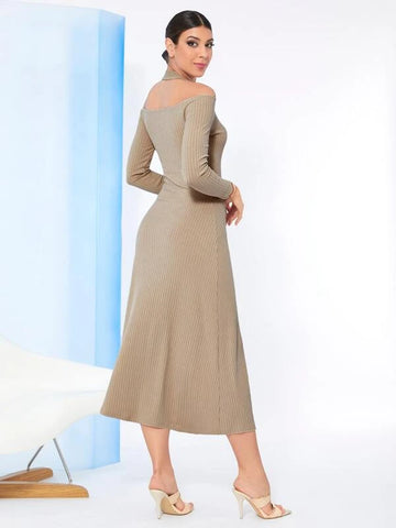Modely Solid Button Front Ribbed Knit Dress