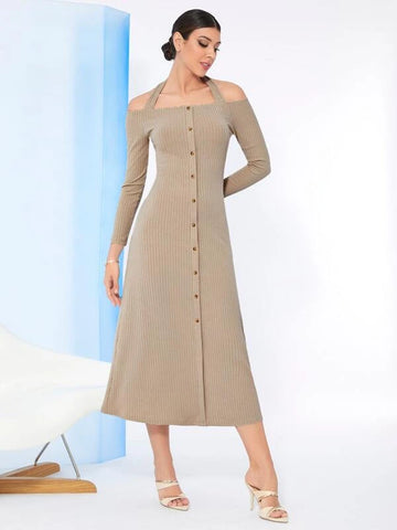 Modely Solid Button Front Ribbed Knit Dress