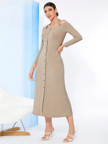 Modely Solid Button Front Ribbed Knit Dress