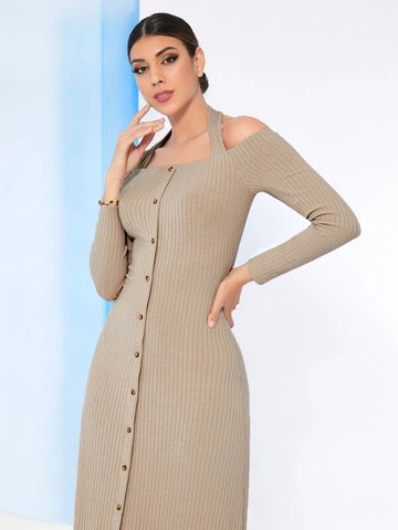 Modely Solid Button Front Ribbed Knit Dress