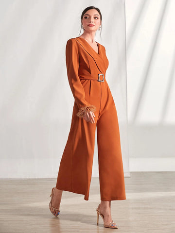 Fuzzy Cuff Surplice Neck Plicated Detail Buckled Belted Jumpsuit
