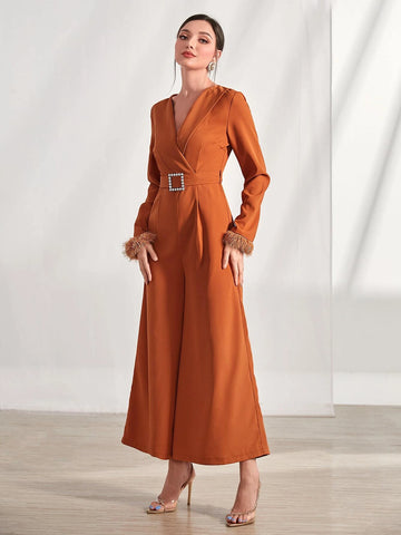 Fuzzy Cuff Surplice Neck Plicated Detail Buckled Belted Jumpsuit