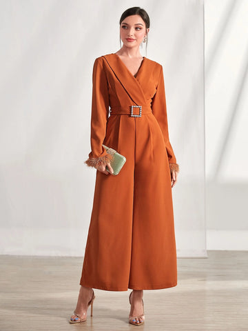 Fuzzy Cuff Surplice Neck Plicated Detail Buckled Belted Jumpsuit