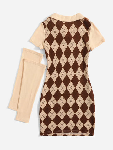 Teen Girls Argyle Print Dress With Removable Sleeve