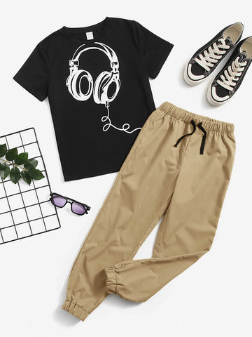 Boys Headphone Print Tee & Drawstring Waist Pants
