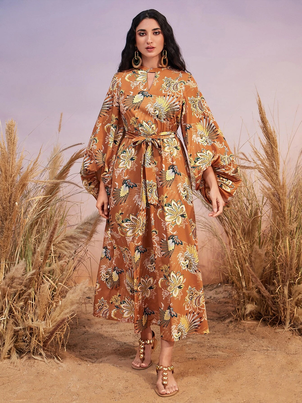 Modely Floral Print Lantern Sleeve Belted Dress