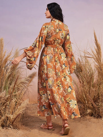 Modely Floral Print Lantern Sleeve Belted Dress