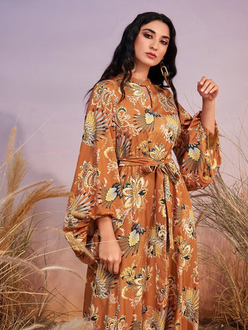 Modely Floral Print Lantern Sleeve Belted Dress