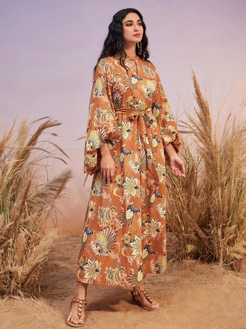 Modely Floral Print Lantern Sleeve Belted Dress