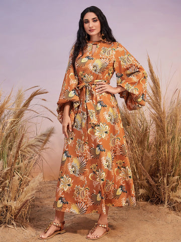 Modely Floral Print Lantern Sleeve Belted Dress
