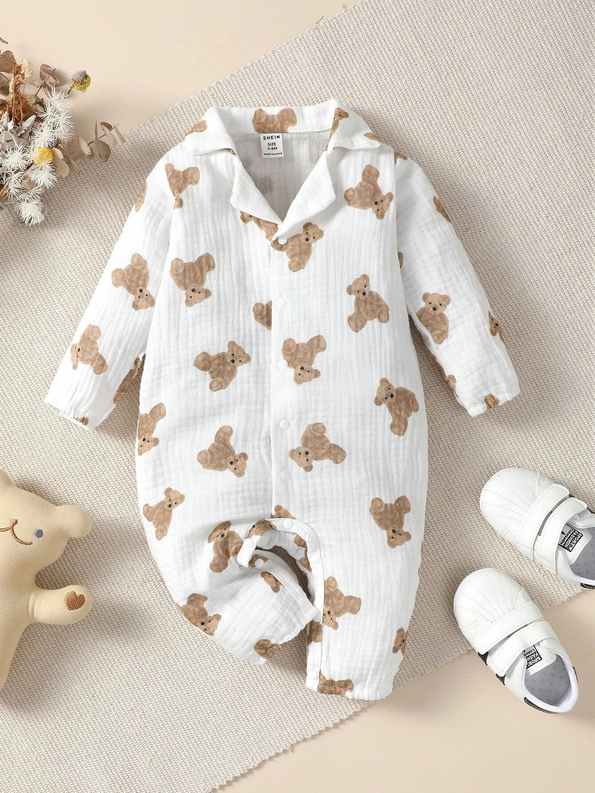 Baby Bear Print Button Front Shirt Jumpsuit