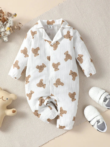 Baby Bear Print Button Front Shirt Jumpsuit