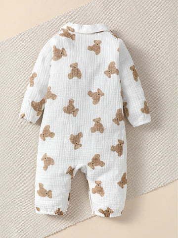 Baby Bear Print Button Front Shirt Jumpsuit