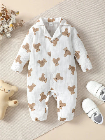 Baby Bear Print Button Front Shirt Jumpsuit