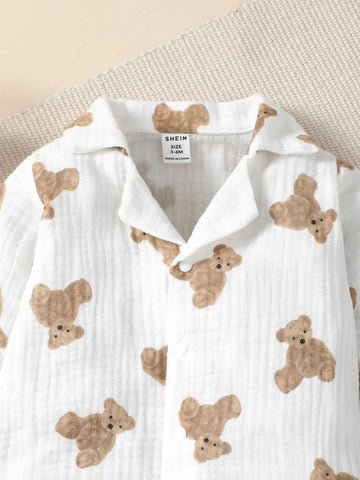 Baby Bear Print Button Front Shirt Jumpsuit