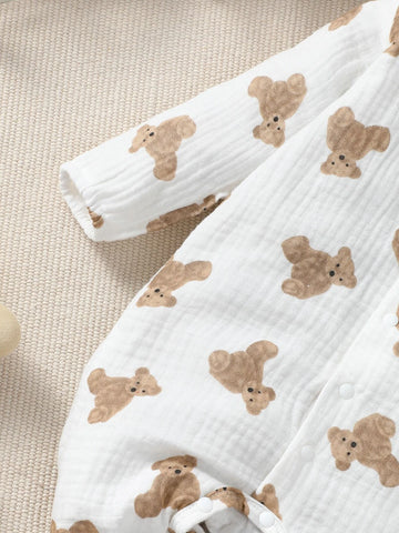 Baby Bear Print Button Front Shirt Jumpsuit