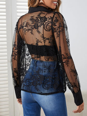Flap Pocket Lace Shirt Without Bra