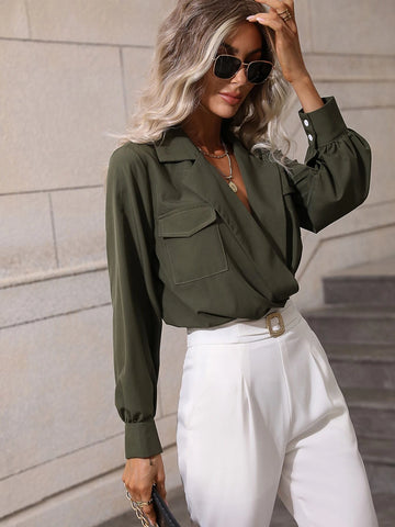 Lapel Collar Flap Pocket Shirt Bodysuit
