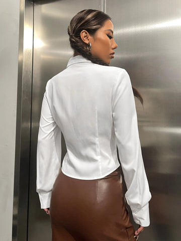 Solid Ruched Button Up Shirt