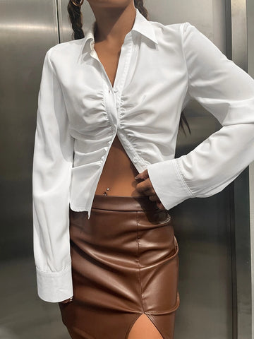 Solid Ruched Button Up Shirt