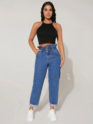 PETITE Paper Bag Waist Mom Fit Jeans