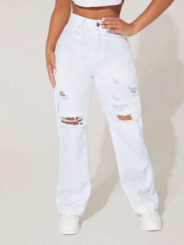 PETITE High Waist Ripped Frayed Straight Leg Jeans