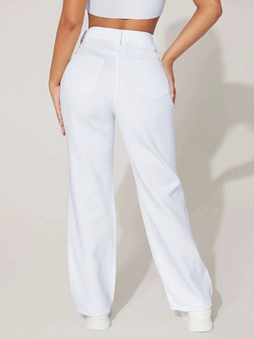 PETITE High Waist Ripped Frayed Straight Leg Jeans