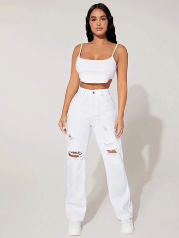 PETITE High Waist Ripped Frayed Straight Leg Jeans