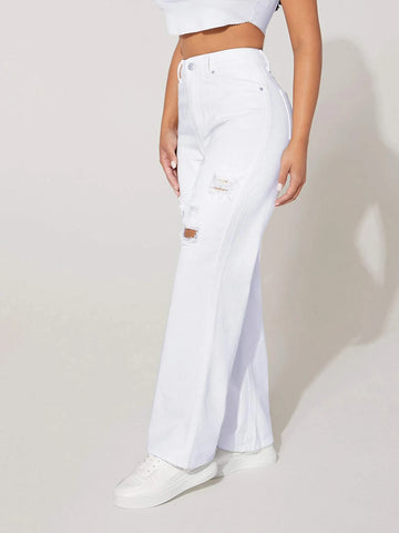 PETITE High Waist Ripped Frayed Straight Leg Jeans