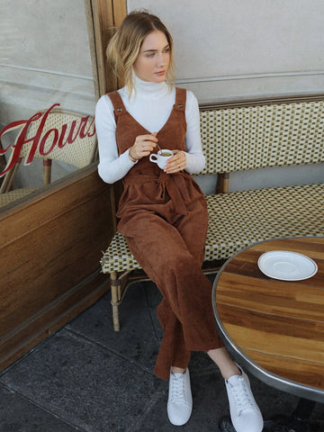 Frenchy 1pc Button Detail Belted Corduroy Overall Jumpsuit