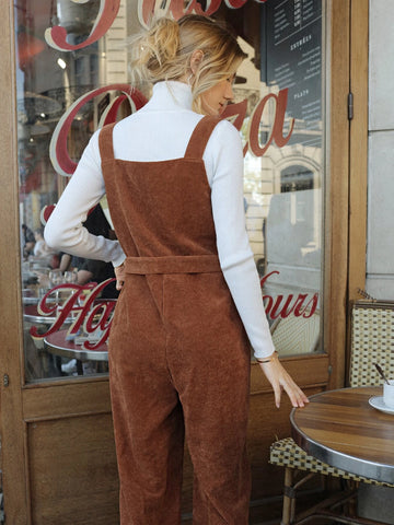 Frenchy 1pc Button Detail Belted Corduroy Overall Jumpsuit