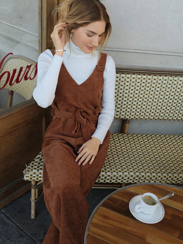 Frenchy 1pc Button Detail Belted Corduroy Overall Jumpsuit