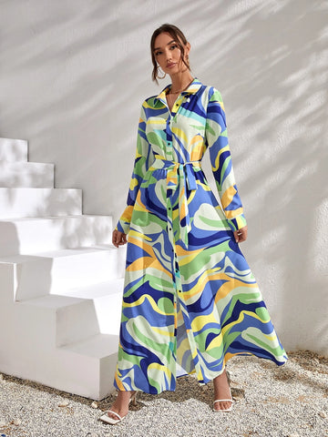Allover Print Belted Shirt Dress