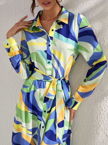 Allover Print Belted Shirt Dress