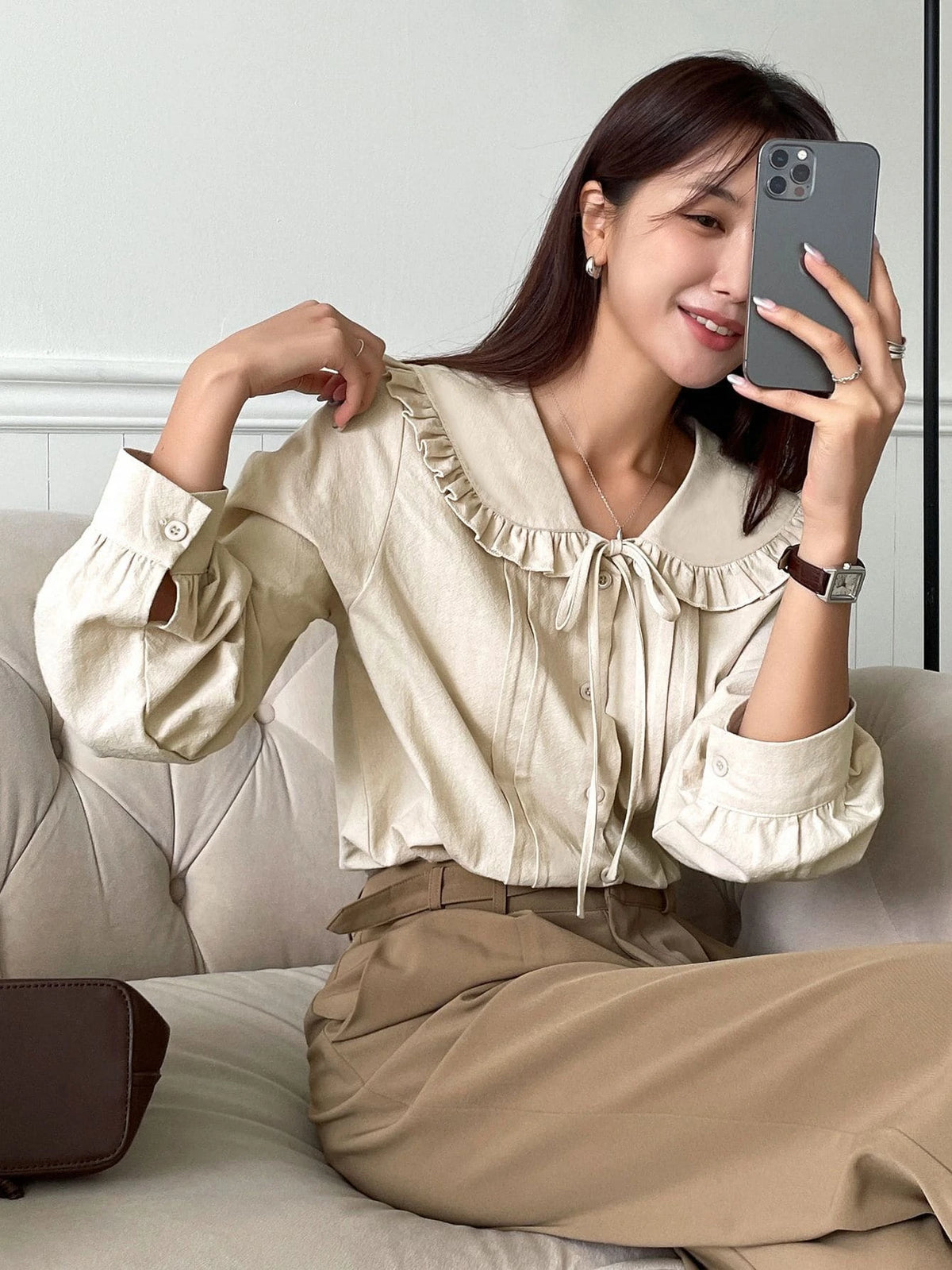 DAZY Frill Trim Statement Collar Tie Front Shirt