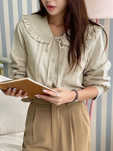 DAZY Frill Trim Statement Collar Tie Front Shirt