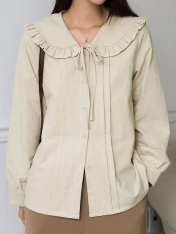 DAZY Frill Trim Statement Collar Tie Front Shirt