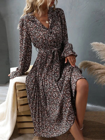 Ditsy Floral Print Flounce Sleeve Pleated Hem Belted Dress