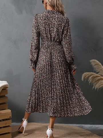 Ditsy Floral Print Flounce Sleeve Pleated Hem Belted Dress